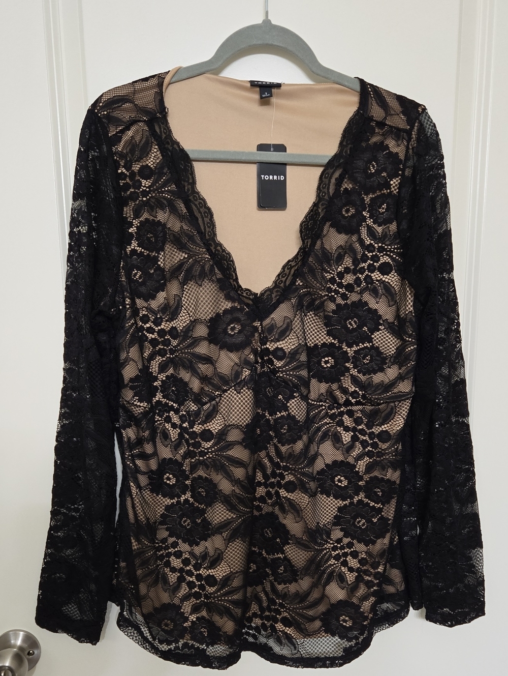 torrid Black Lace V-Neck Long Sleeve Top with Nude Lining